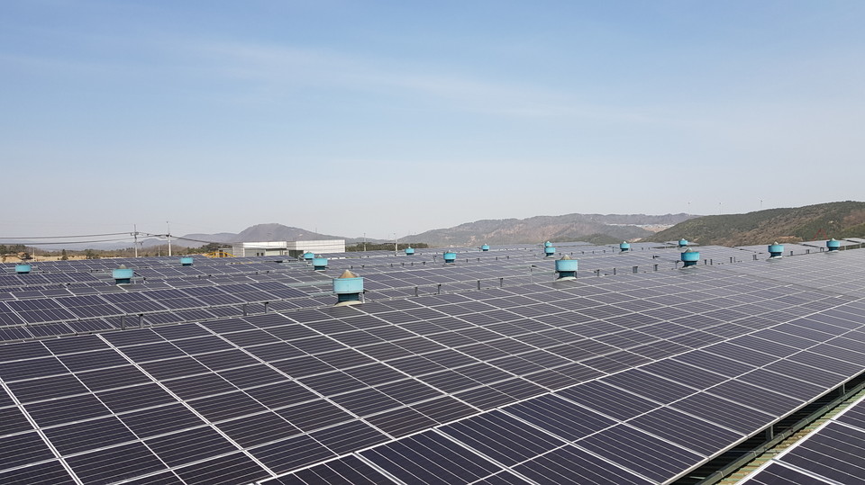 경주 천북산단 대성메탈 공장 지붕에 설치된 태양광 패널.
