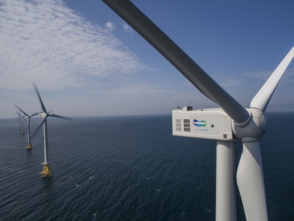 30MW 규모의 제주 탐라해상풍력발전단지에 설치된 두산중공업 3MW 풍력터빈.