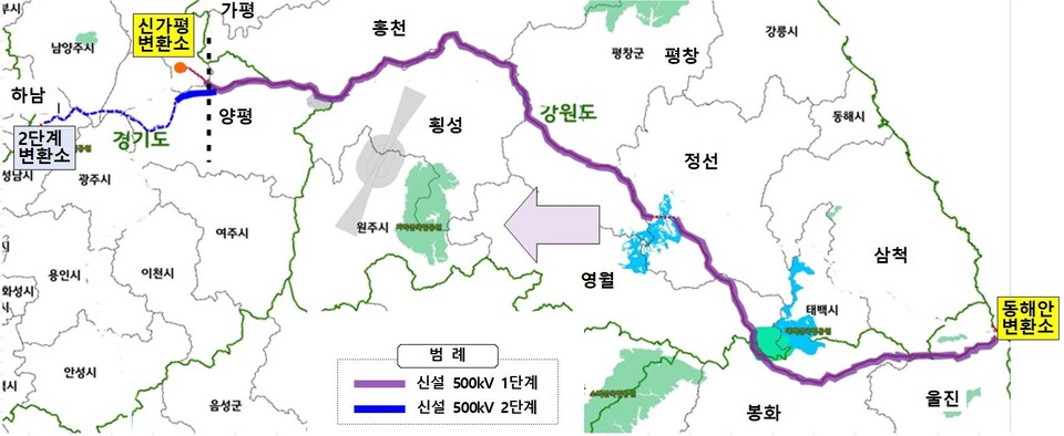 500kV HVDC 동해안-신가평 송전선로 구간도.