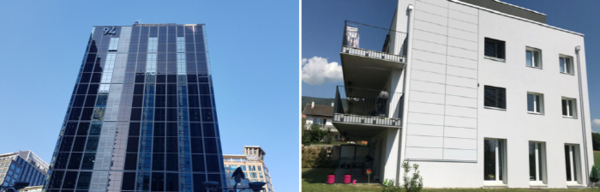 서울시 종로구 소재 94빌딩 '창호'와 스위스 공동주택 '외벽'에 설치된 '건물일체형 태양광(BIPV)' 모습.