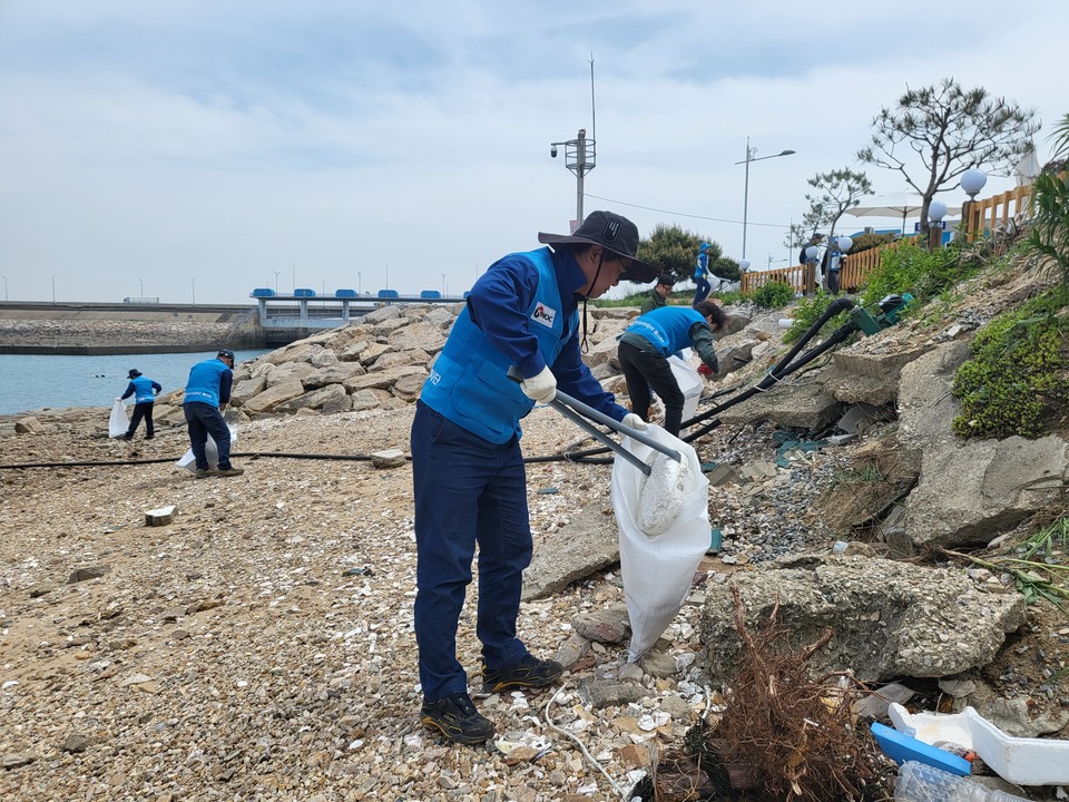 석유공사 서산‧평택 비축기지 직원들이 충남 삼길포항 해안도로 일대에서 쓰레기를 줍고 있다.